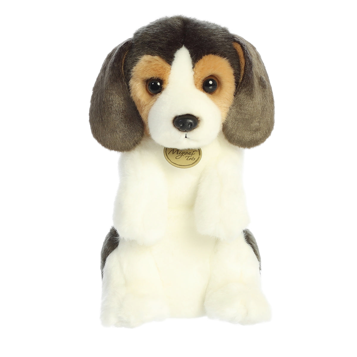Adorable Beagle Pup plush in a sitting pose with a mix of white and brown hues, exuding charm and lifelike appeal.
