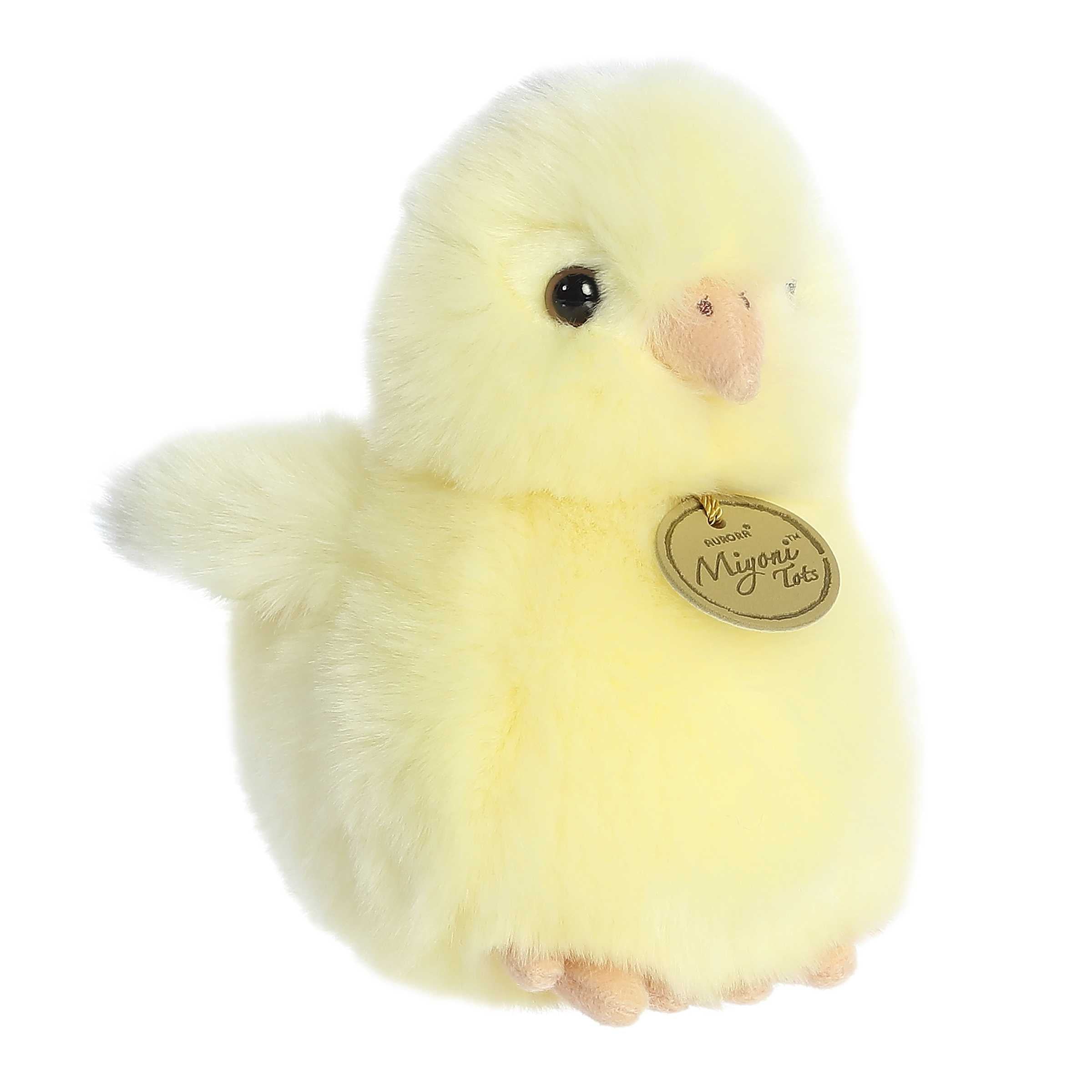 Fluffy yellow Ameraucana Chick plush with lifelike details, representing a unique breed, crafted by Aurora.