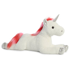 Unicorn plush from Aurora, with pink and red swirls, shimmering horn, and silvery hooves