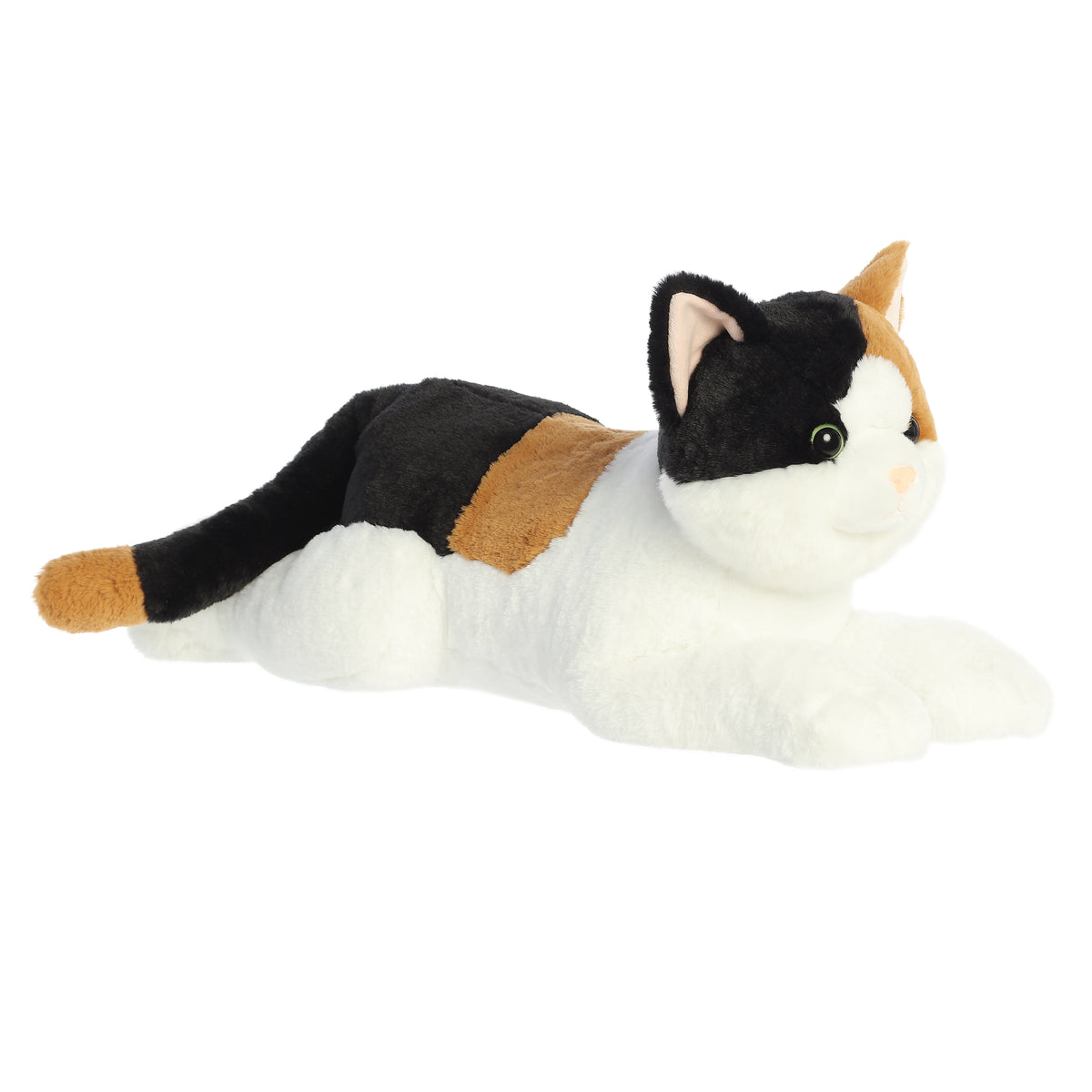 Large, huggable Esmeralda Cat plush in sleek black, rich brown, and white, from the Super Flopsie collection.