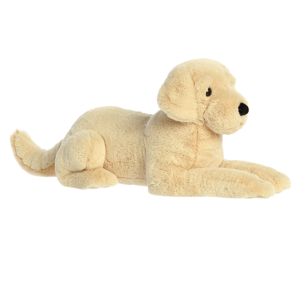 A large golden-furred plush pup with floppy ears from Aurora's Super Flopsie collection, in a resting pose.