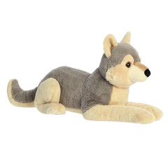 Realistic Wolf stuffed animal in dark gray and tan from the Super Flopsie collection, resting in a cuddly position.