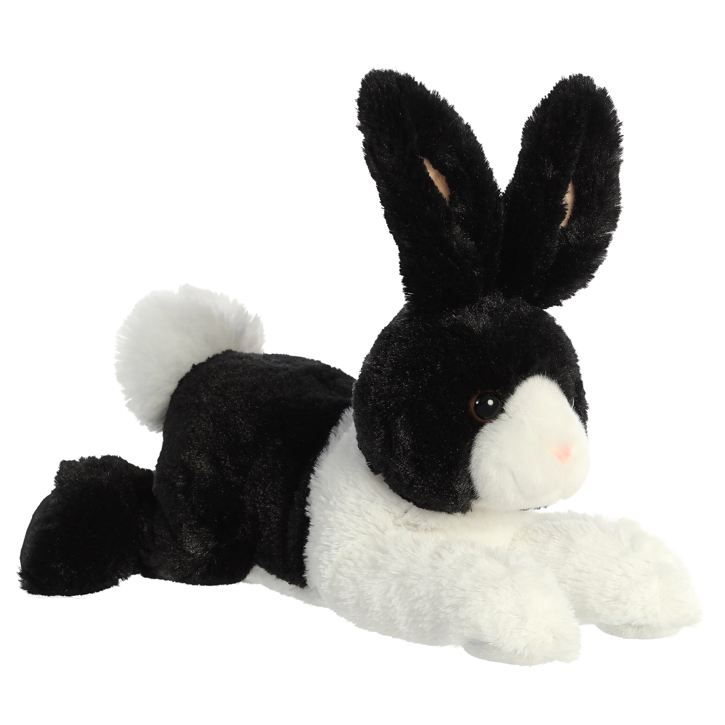 Flopsie Dutch Rabbit Plush, black and white fur, bright eyes, mimics Dutch Rabbit breed, ideal for hugs and collections.