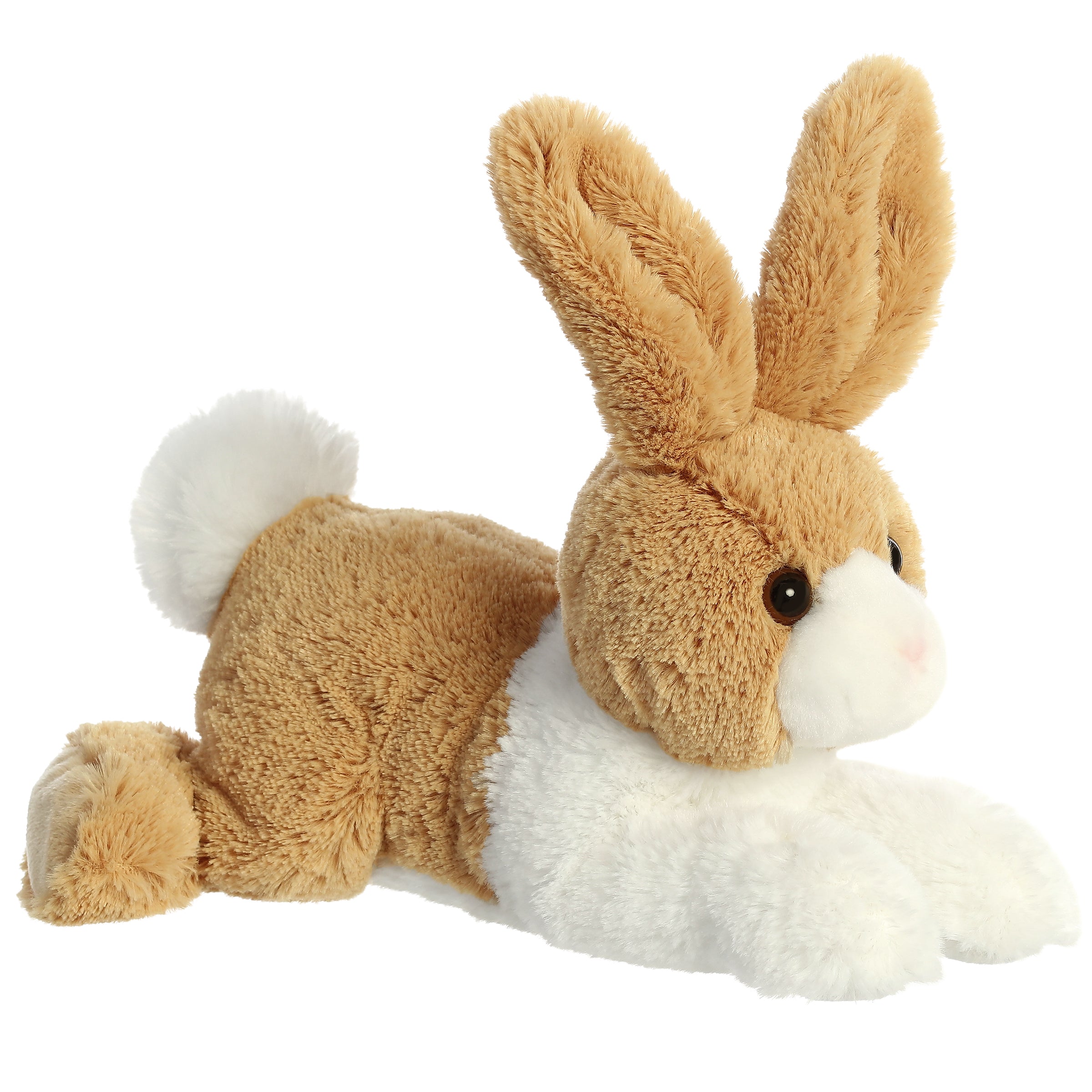 Flopsie Dutch Rabbit Plush, tan fur, bright eyes, mimics Dutch Rabbit breed, ideal for hugs and collections.