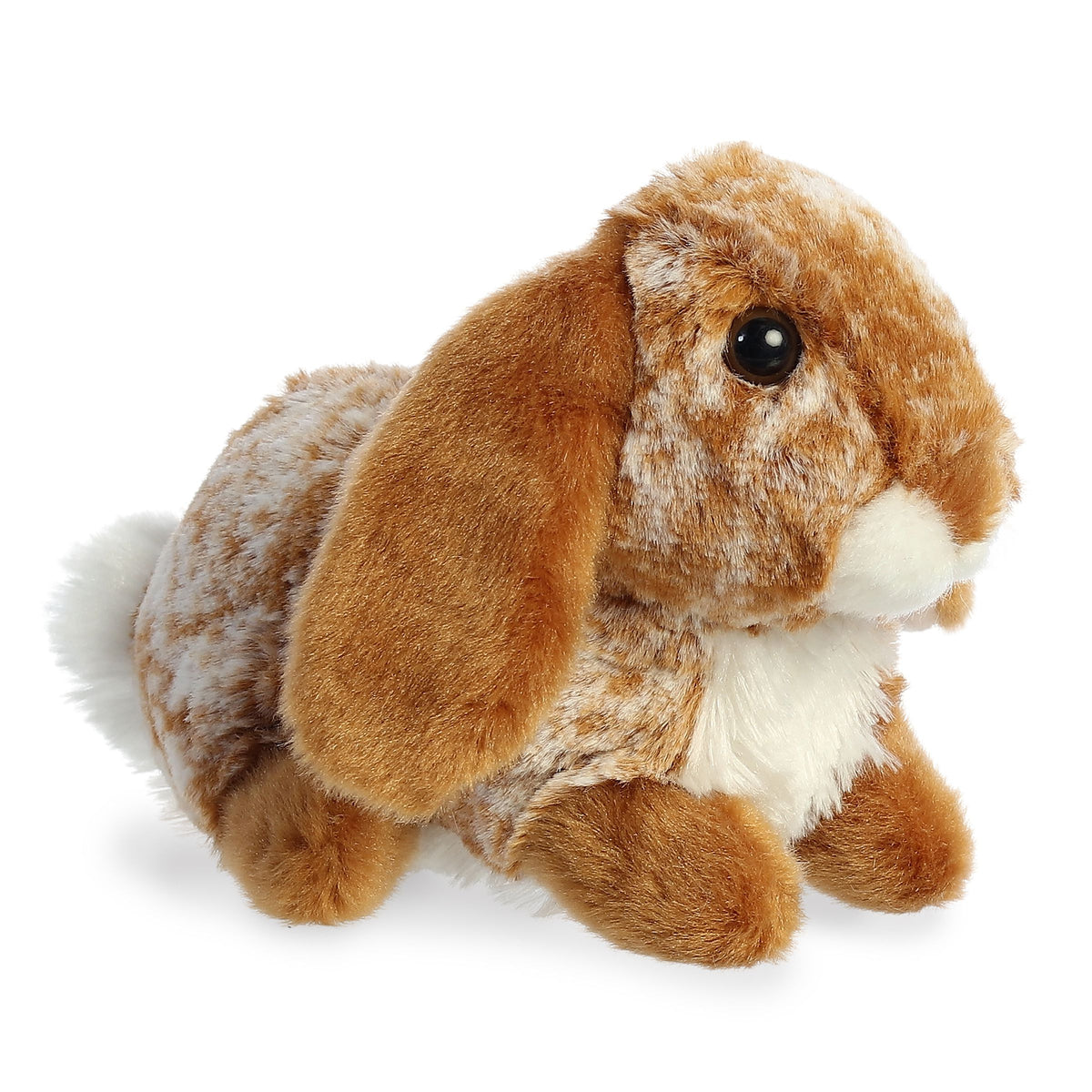 Mini Flopsie Lopso Bunny plush, brown and white fur, floppy ears, with expressive eyes!