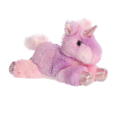 Colorful pink and purple Rainbow Unicorn plush with a shimmering light pink mane and tail from Mini Flopsie collection.