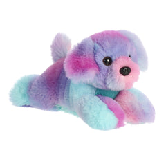 Colorful Rainbow Puppy plush with a vivid coat of pink, blue, and purple, part of the Mini Flopsie collection.