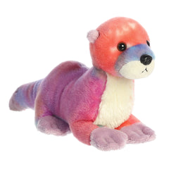 Colorful Rainbow River Otter plush with a vibrant blend of red and purple hues and a soft white chest, from Mini Flopsie.