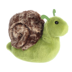 Adorable slow snail stuffed animal plush with a vibrant green body and soft brown shell for cuddly adventures.