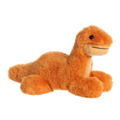 Adorable dark and light oranged Brontosaurus dinosaur stuffed animal plushie ready for dino-sized fun and cuddles.