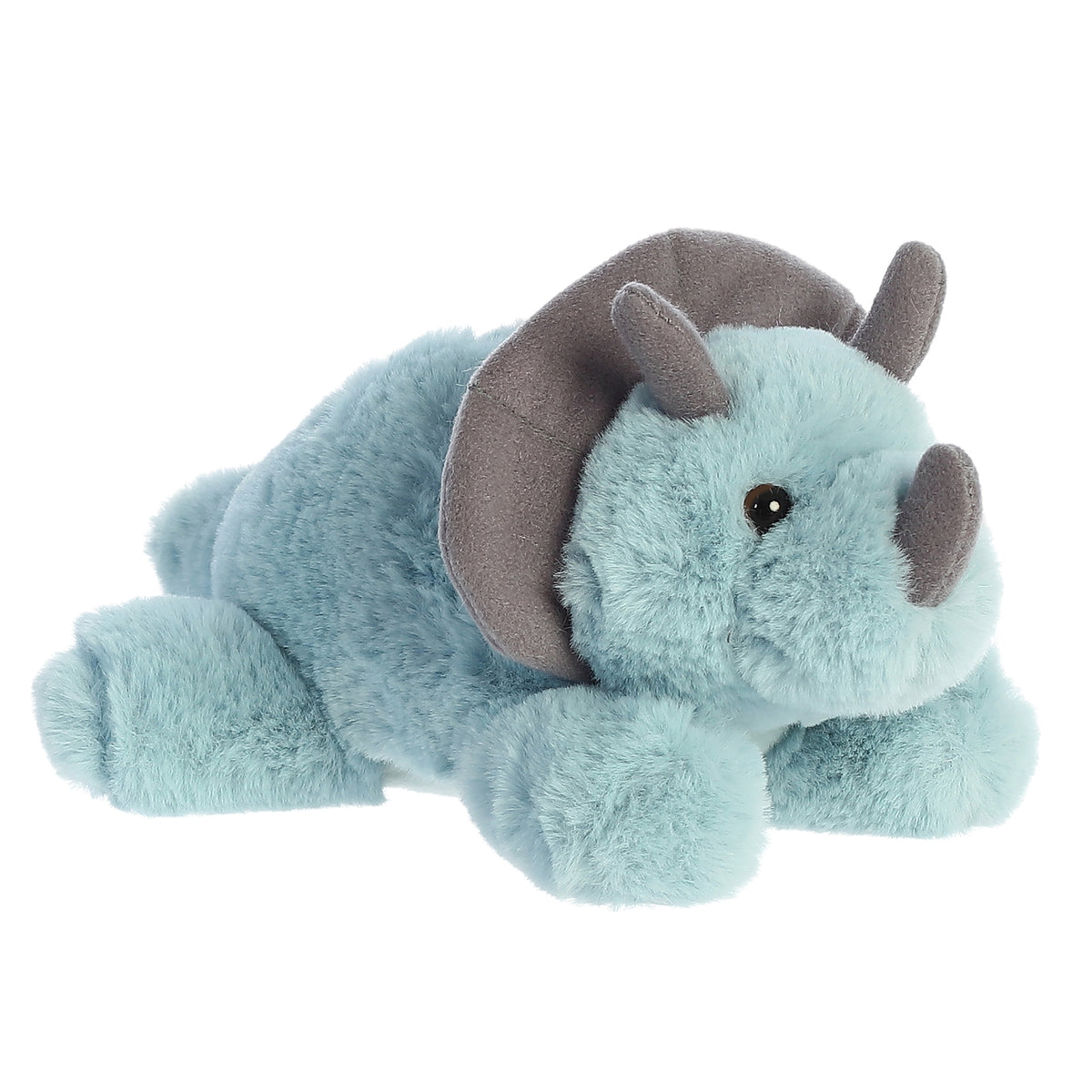 Adorable light blue Triceratops dinosaur plushie with dark gray horns ready for playful adventures and cuddles.