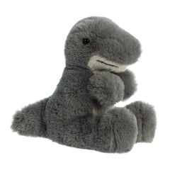 Cute dark gray T-Rex dinosaur stuffed animal plushie with a light gray belly, ready for cuddly Jurassic adventures.
