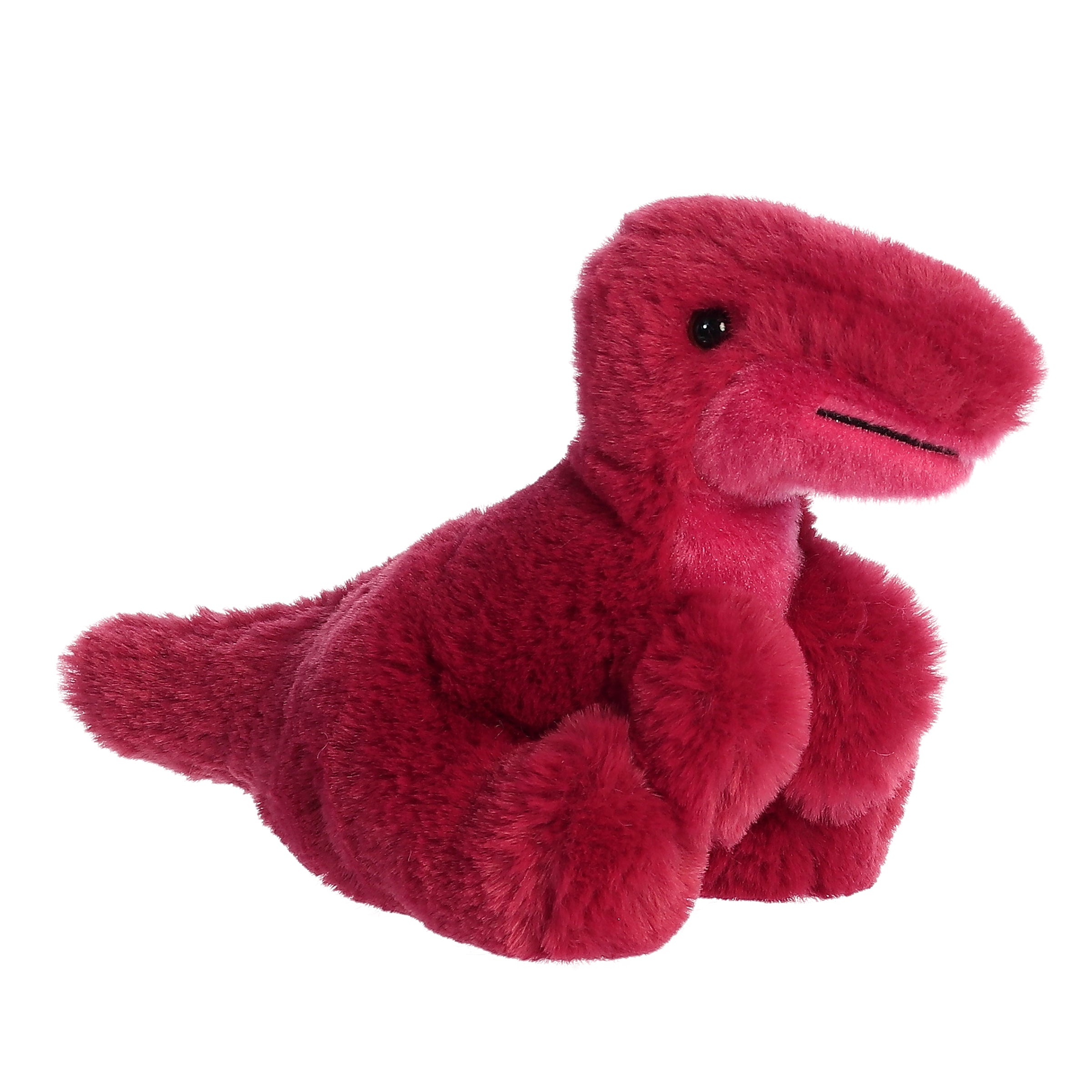 Vibrant red Velociraptor dinosaur stuffed animal Plushie from Mini Flopsie, a petite, lifelike companion for cuddles.