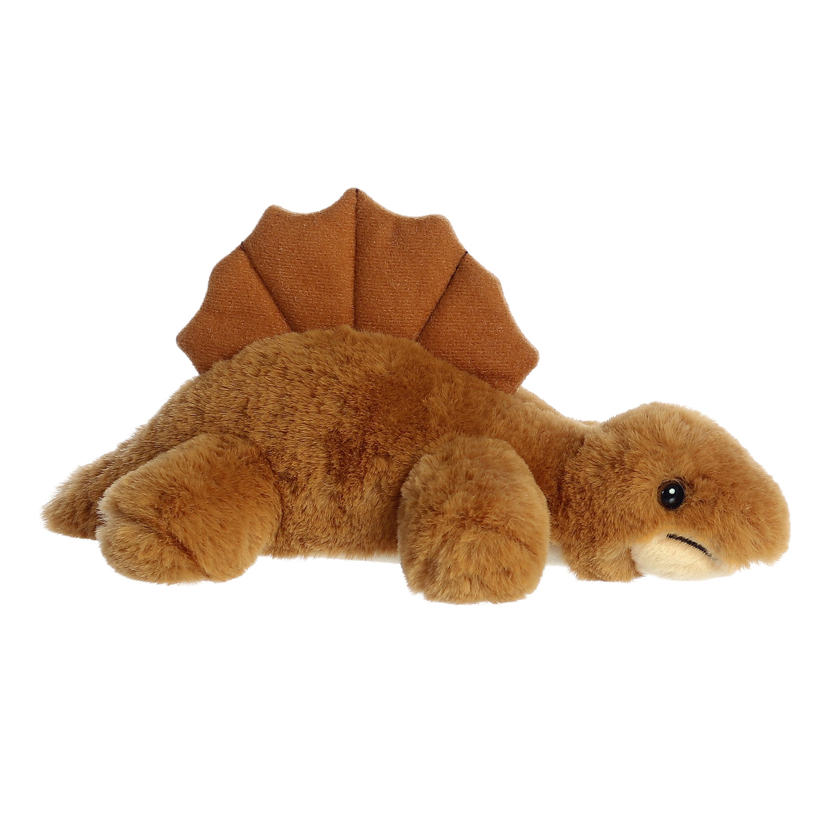 Cozy Edaphosaurus dino plushie with a plopped down brown body, ready for endless fun, and a distinct caramel fin