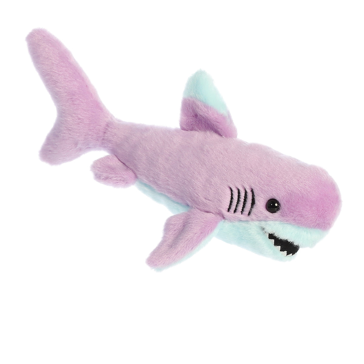 Adorable Colorful Shark plush with a light blue belly and light pink upper body, grinning from gill to gill!