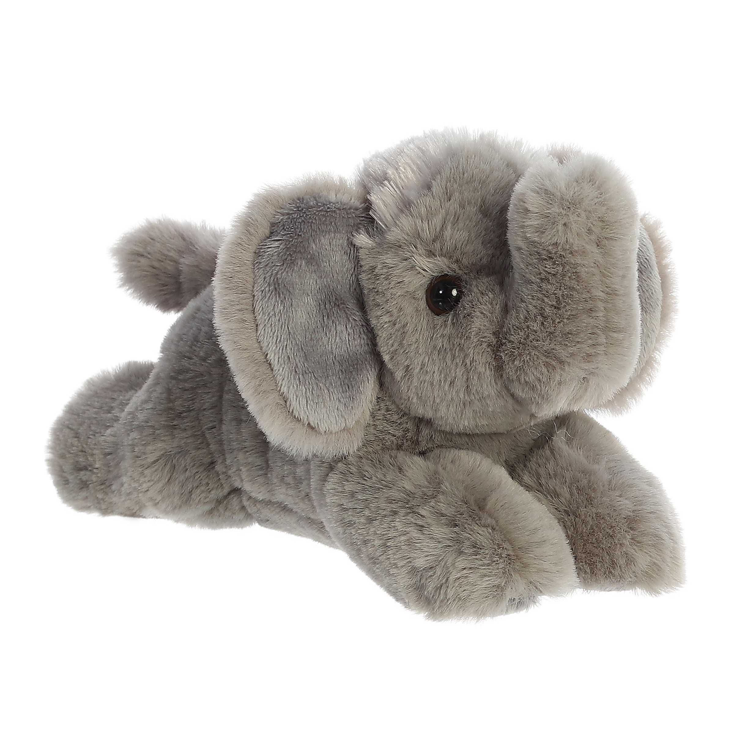 Soft grey baby elephant plush with realistic details, sweet expression, and floppy ears, from the Mini Flopsies collection.