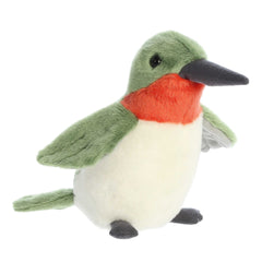 Lifelike ruby-throated hummingbird plush with vibrant red throat and green back, perfect for bird enthusiasts.