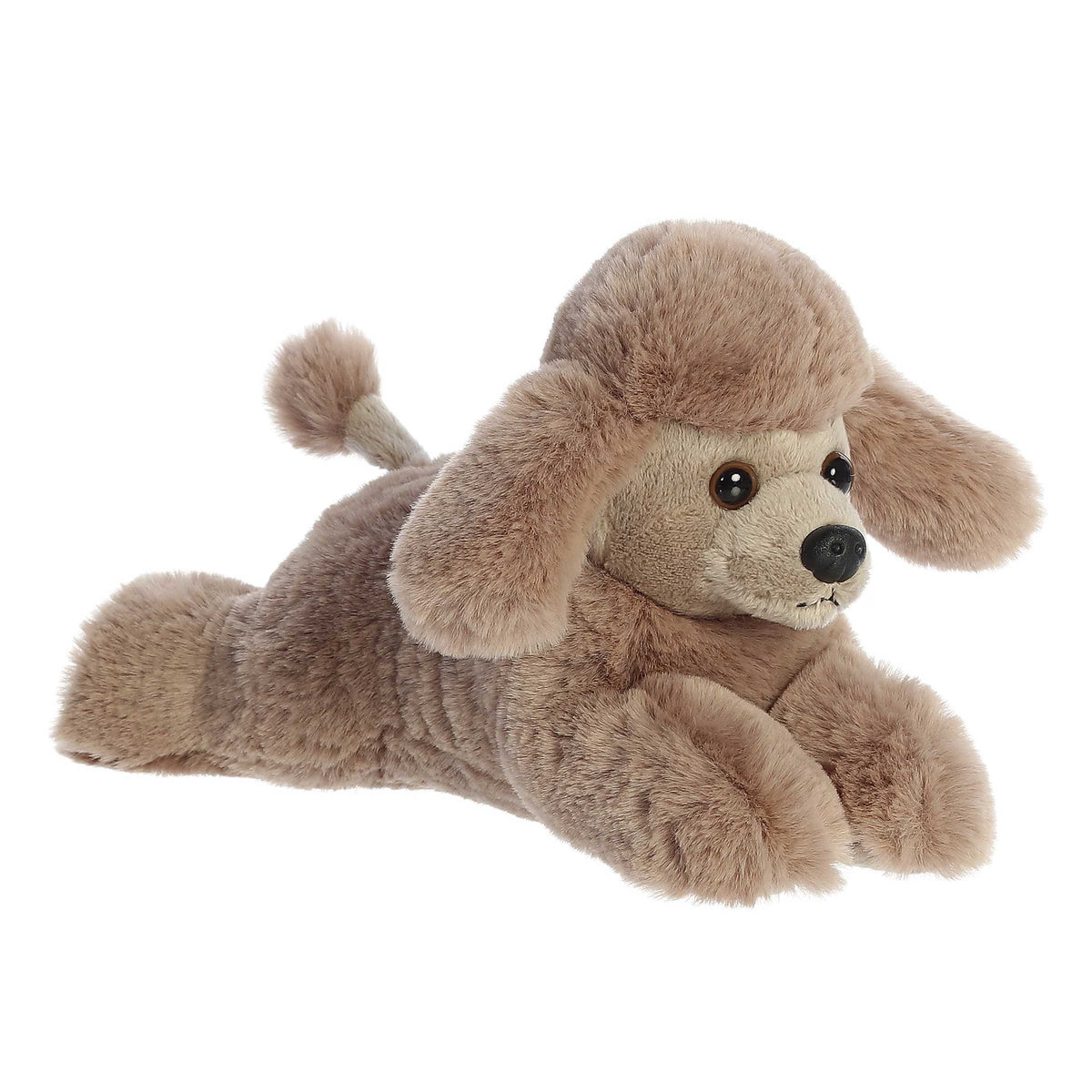 A brown poodle plush from the mini flopsie collection by aurora plush that is laying on its tummy