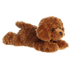 Tucker, a plush pup with curly, golden-brown fur and floppy ears in a cozy resting pose, ready for heartwarming adventures.