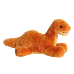 Adorable Brontosaurus dinosaur plush in dark and light orange fur, comfortably resting, ready for imaginative adventures.