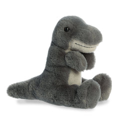 Soft dark gray T Rex plushie, seated cutely with short arms, inviting cuddles and playful prehistoric adventures.
