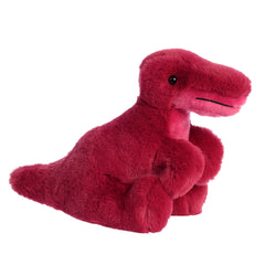 Cozy Velociraptor plushie in deep red, poised in a restful pose, inviting playful adventures and snuggly moments.