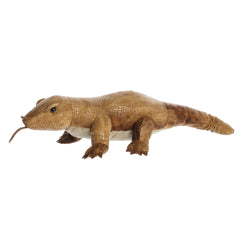 A lifelike rich brown Komodo Dragon plushie with detailed scales, resting cozily and ready for cuddly adventures!