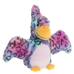 Pteranodon dino plush in bold purple and blue, adorned with black spots, capturing prehistoric wonder in colorful form