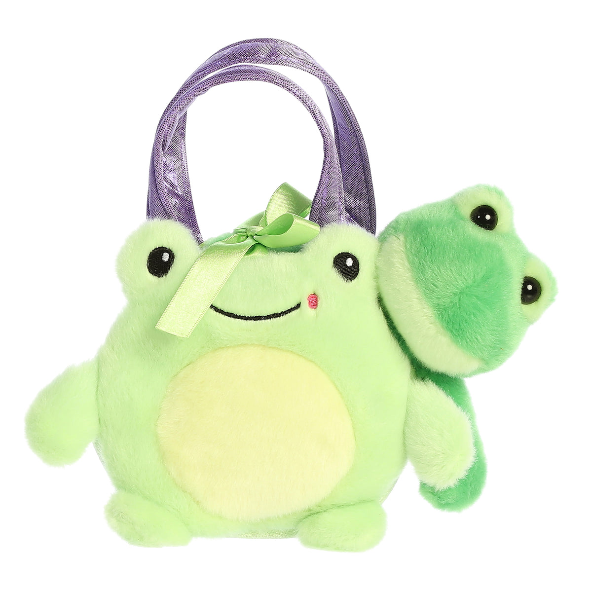 Vibrant green frog plush carrier by Aurora with light belly and striking purple straps, ready for a hoppy adventure.