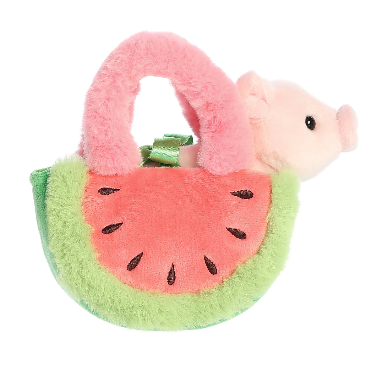 Fuzzy Watermelon Piglet plush carrier by Aurora with pink straps, carrying a charming piglet stuffed animal inside.