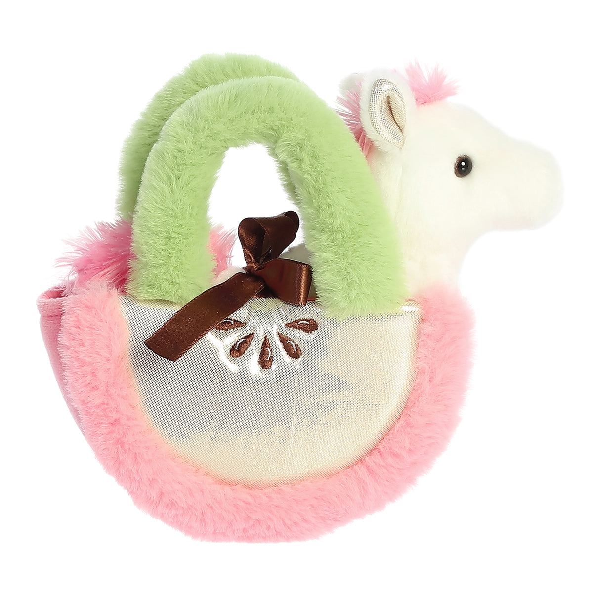 Apple Pony plush carrier by Aurora with green straps, apple core, and a fuzzy white & pink pony stuffed animal inside.