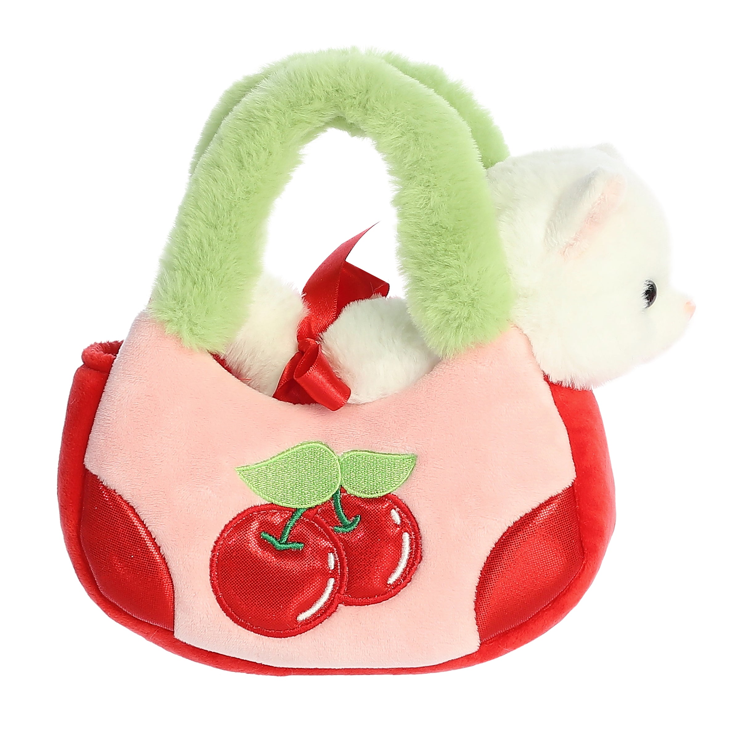 Cherry Kitten plush carrier by Aurora with a kitten stuffed animal inside, radiating fruity fun and whimsical style.