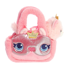 Shiny pink Glitter Princess Kitty plush carrier by Aurora, with a crowned kitten inside, ready for royal adventures.