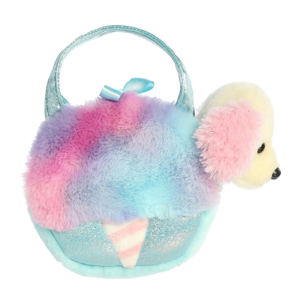 Dreamy blue Cotton Candy plush carrier by Aurora, with metallic straps and a puppy stuffed animal with pink ears inside