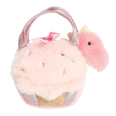 Bright pink dinosaur plush in Aurora's Ice Cream Cone plushie carrier, perfect for joyful on-the-go moments and adventures.
