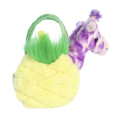 Bright yellow pineapple plush carrier with green top from Aurora's Fancy Pals with a playful purple giraffe plush inside.