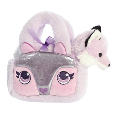 Lavender Glitter Fox carrier from Aurora's Fancy Pals with a matching plush fox peeking out, shining with metallic designs.