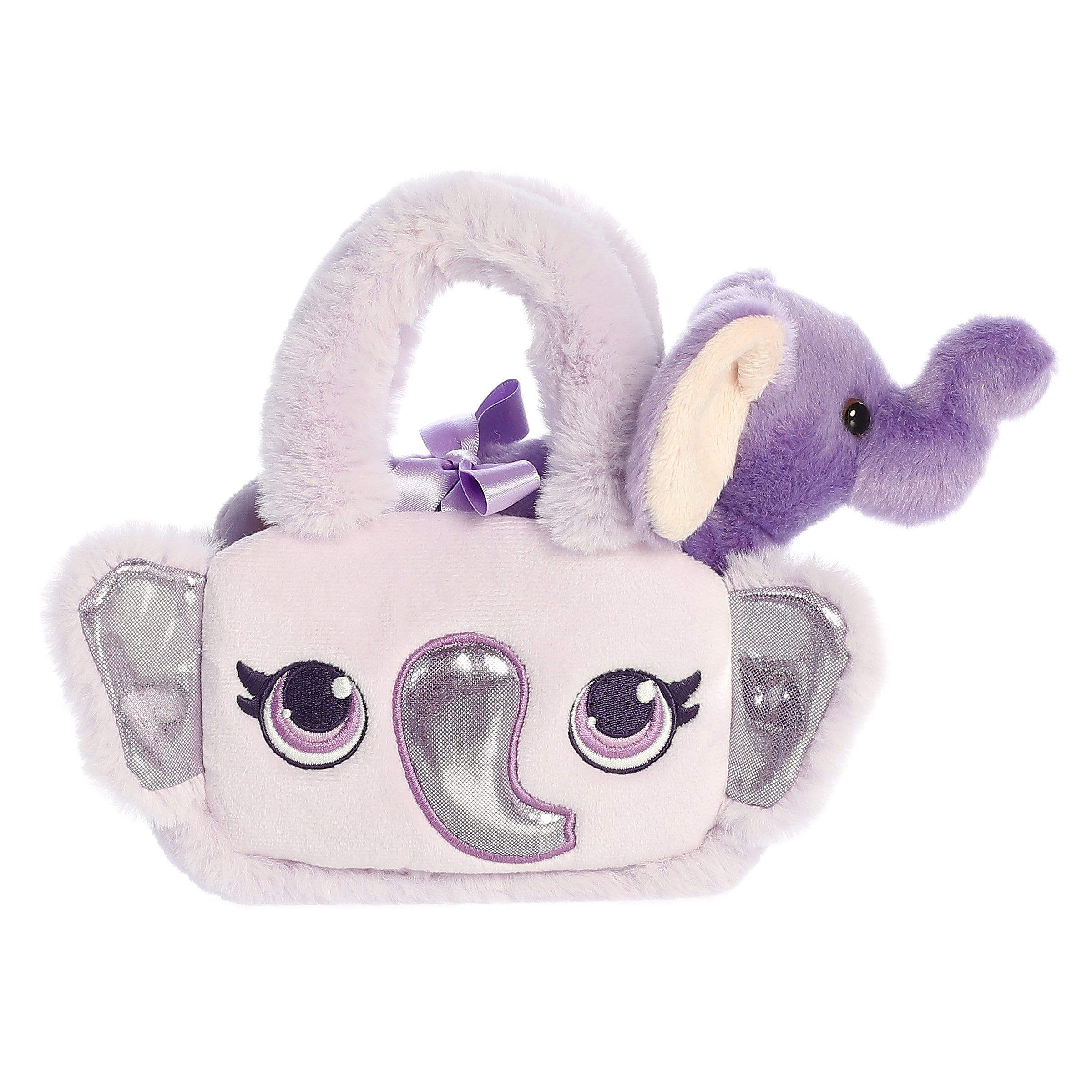 Dark purple Glitter Elephant carrier from Aurora's Fancy Pals with lighter elephant designs, ready for whimsical adventures.