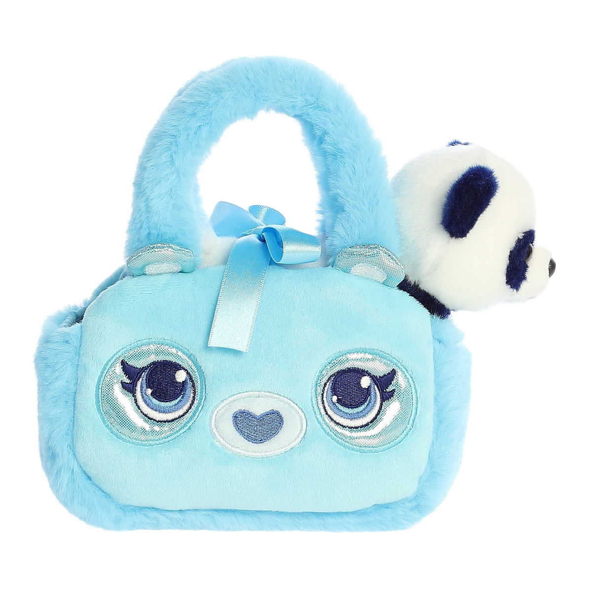 Electric blue Glitter Panda plush carrier from Aurora's Fancy Pals with a petite panda inside, ready for vibrant adventures.