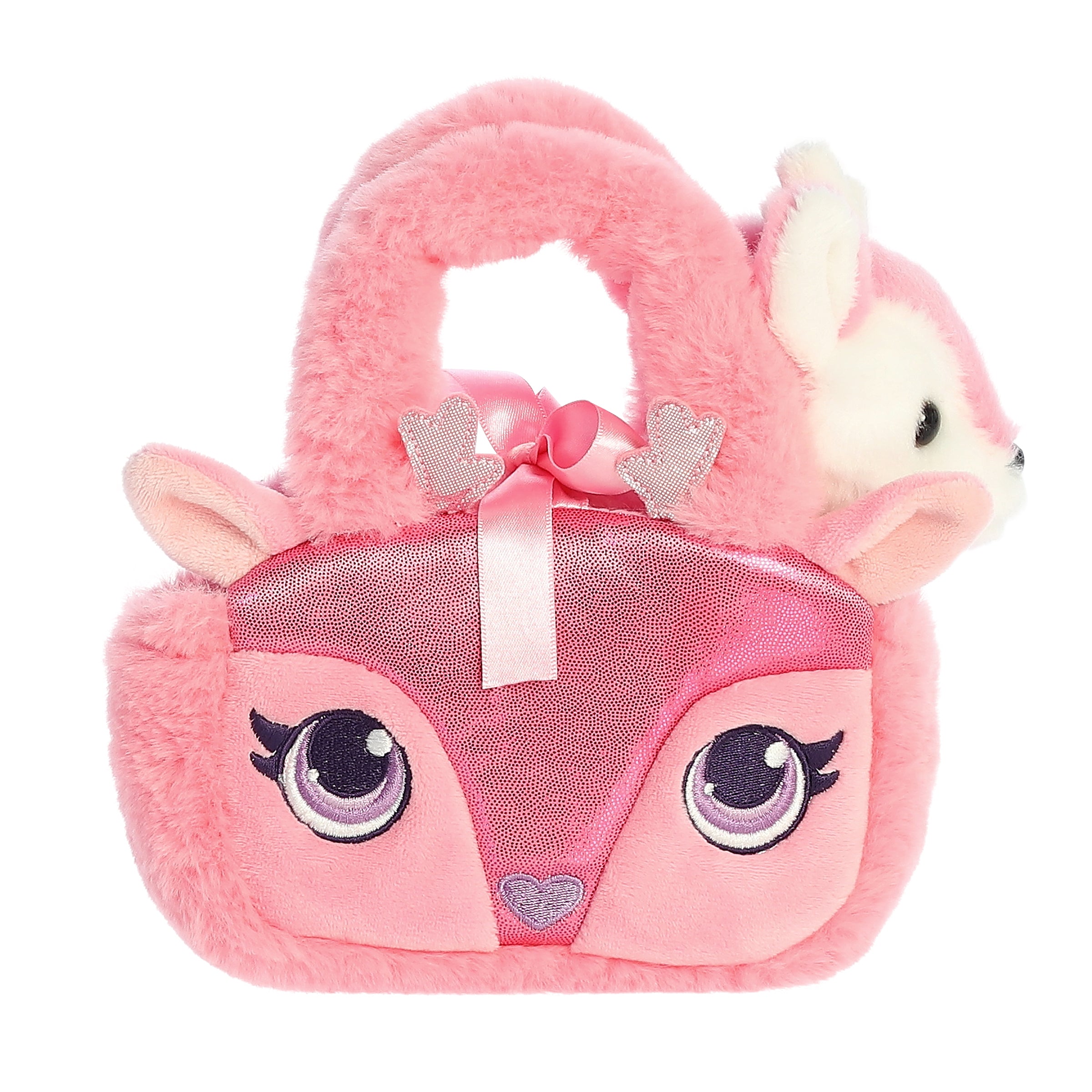 Pink Glitter Fawn plush carrier from Aurora's Fancy Pals with a snug pink and white fawn inside, embodying joyful mobility.