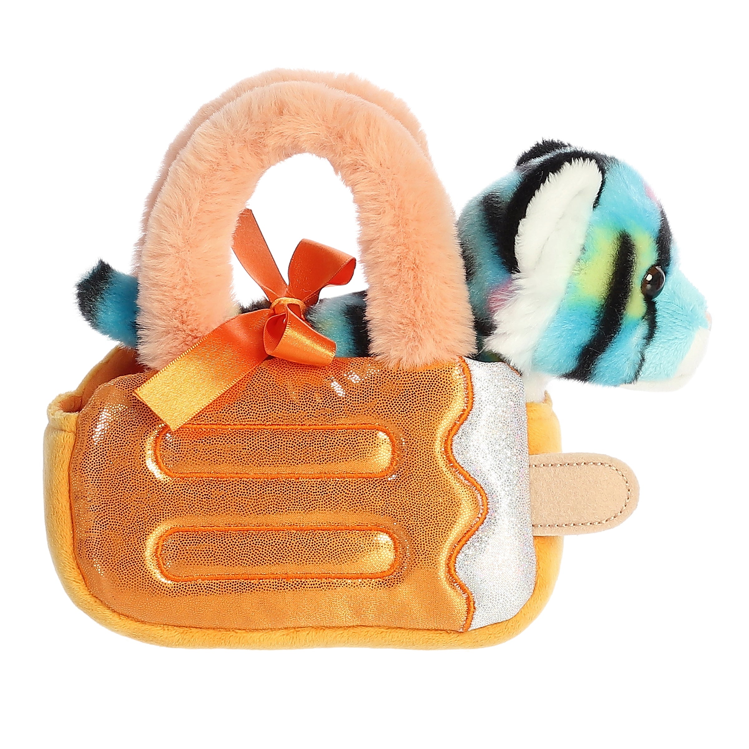 Sparkly orange Dreamsicle plush carrier from Aurora, with a cute blue tiger stuffed animal, ready for whimsical adventures.