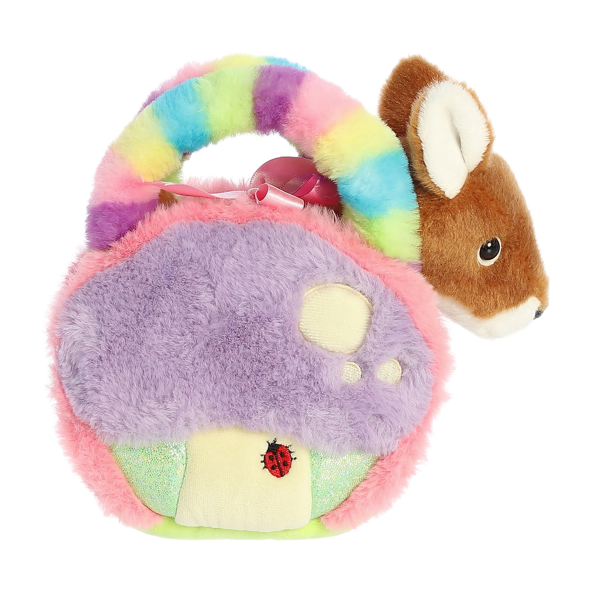Purple mushroom-themed Enchanted Fawn plush carrier from Aurora, housing a delightful fawn, ready for whimsical quests.