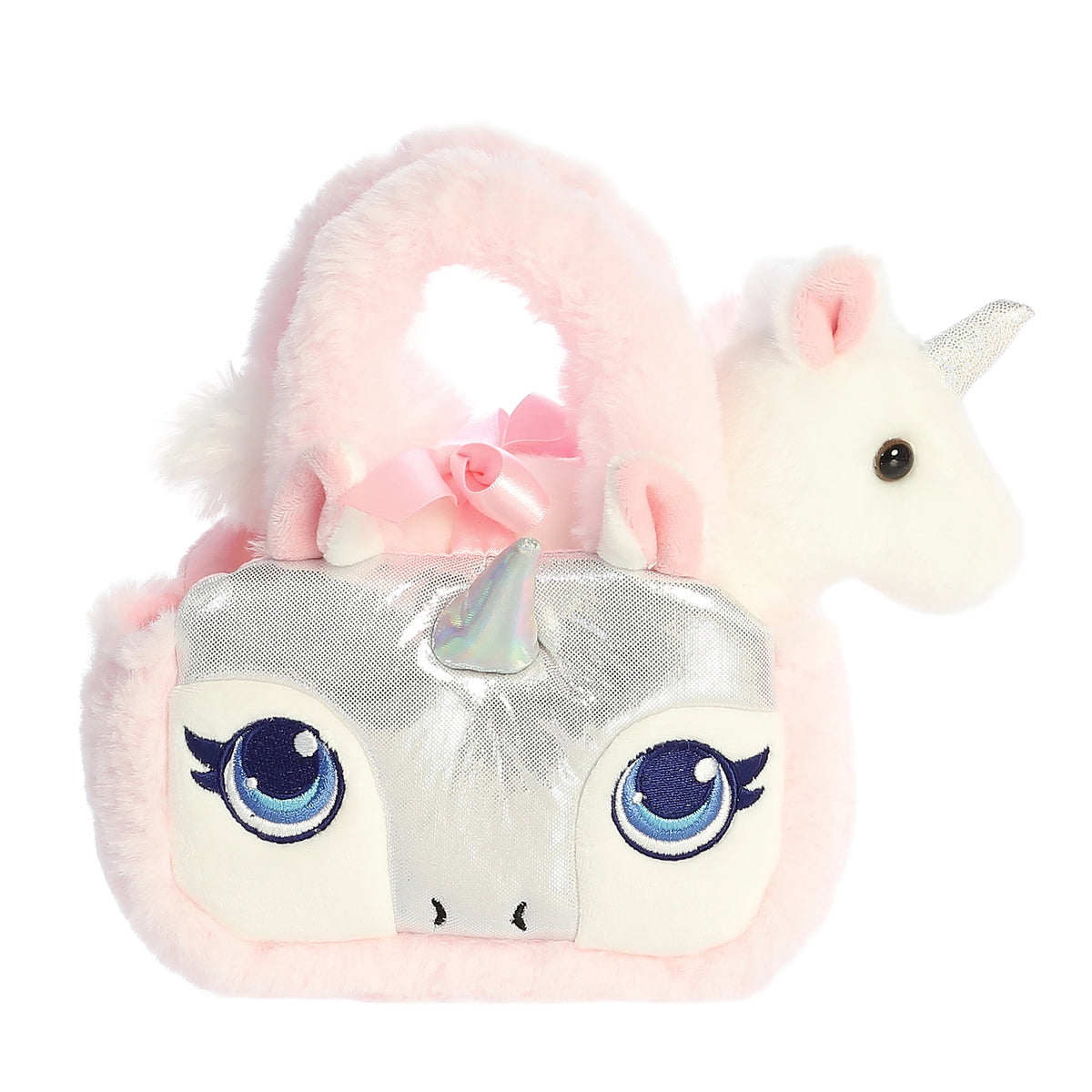 Soft pink Glitter Unicorn plush carrier from Aurora with a unicorn stuffed animal companion, ready to spark magical moments.