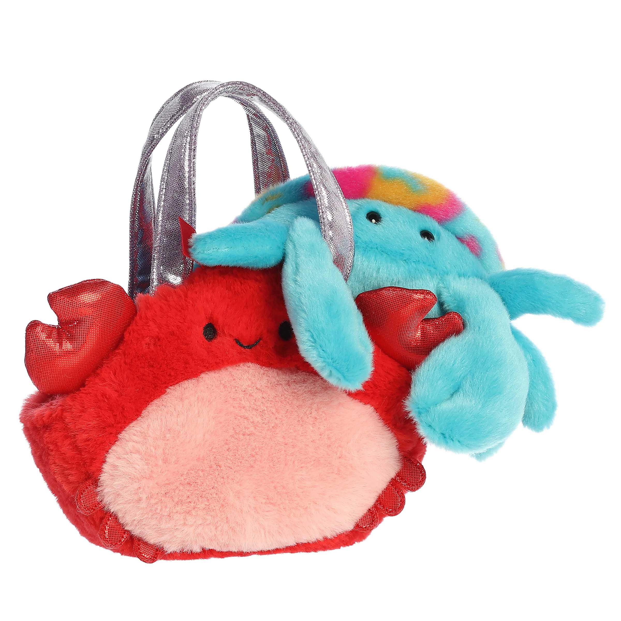 Soft blue Crab plush in a vibrant carrier, perfect for imaginative play or as a delightful gift.