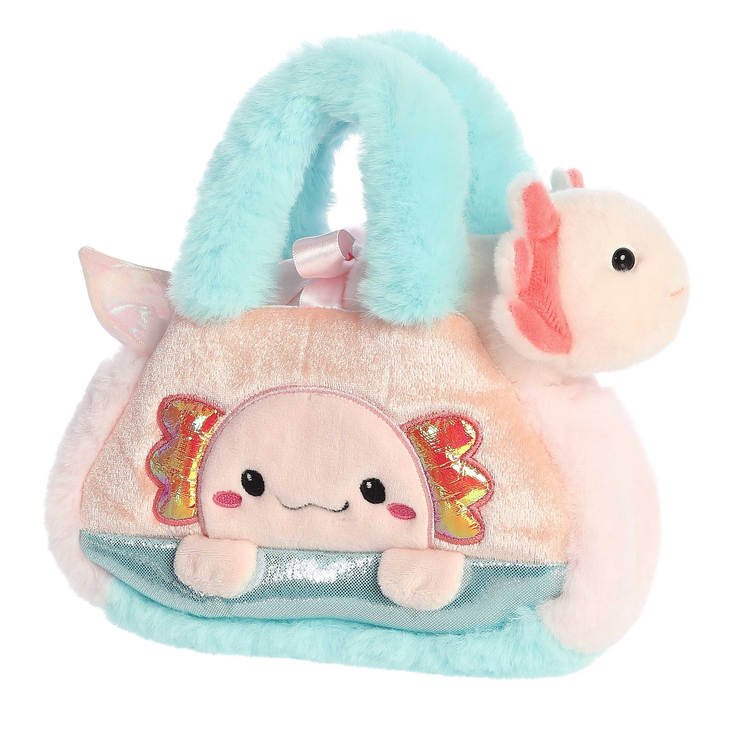 Charming pink Peek-A-Boo Axolotl plush in a pastel carrier, ideal for fun and as a delightful gift.