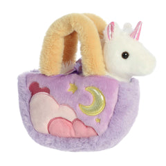 White Pastel Clouds Unicorn plush in a celestial-themed carrier, ideal for mystical and imaginative play.