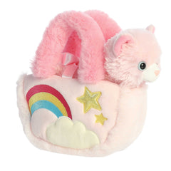 Pink Pastel Rainbow Kitty plush in a rainbow-themed carrier, perfect for stylish and playful fun.
