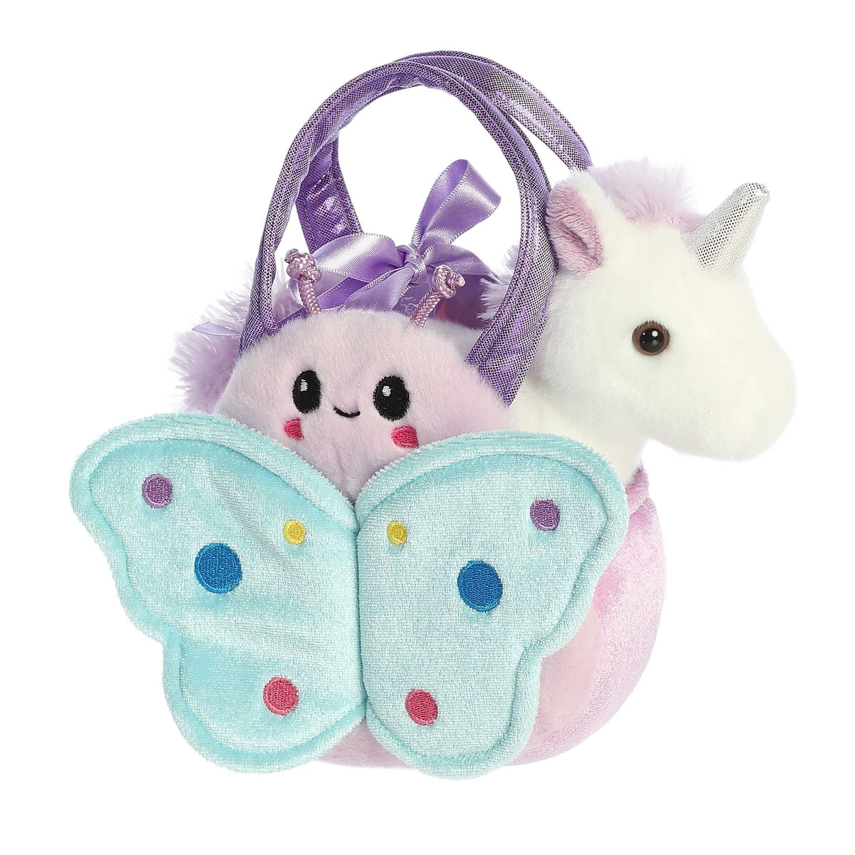 White and purple unicorn plush in a vibrant blue butterfly carrier, perfect for play and as a delightful gift.