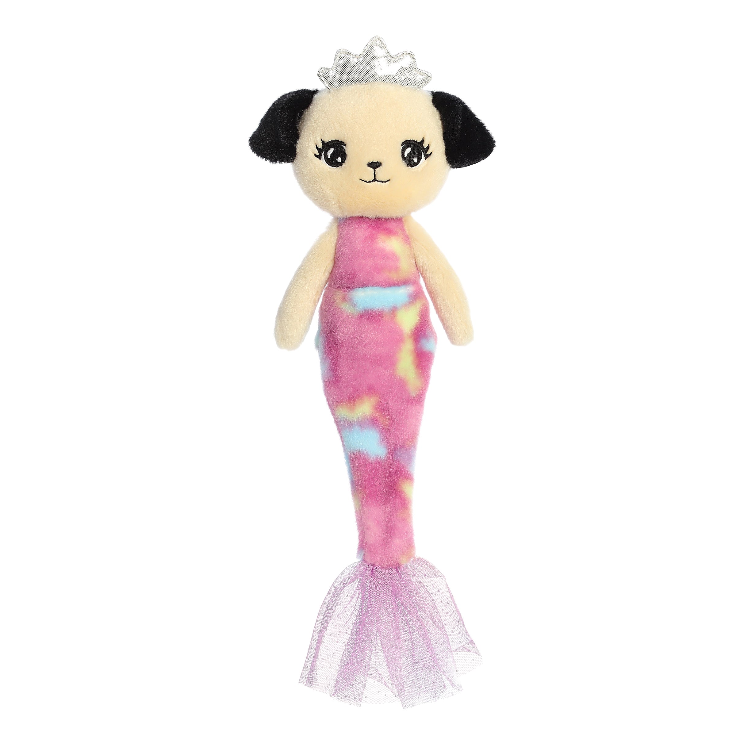 Tan Merpuppy plush with black ears & pink mermaid tail in purple-blue tulle, capturing the essence of sea fantasy.