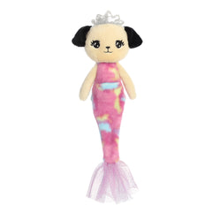 Tan Merpuppy plush with black ears & pink mermaid tail in purple-blue tulle, capturing the essence of sea fantasy.